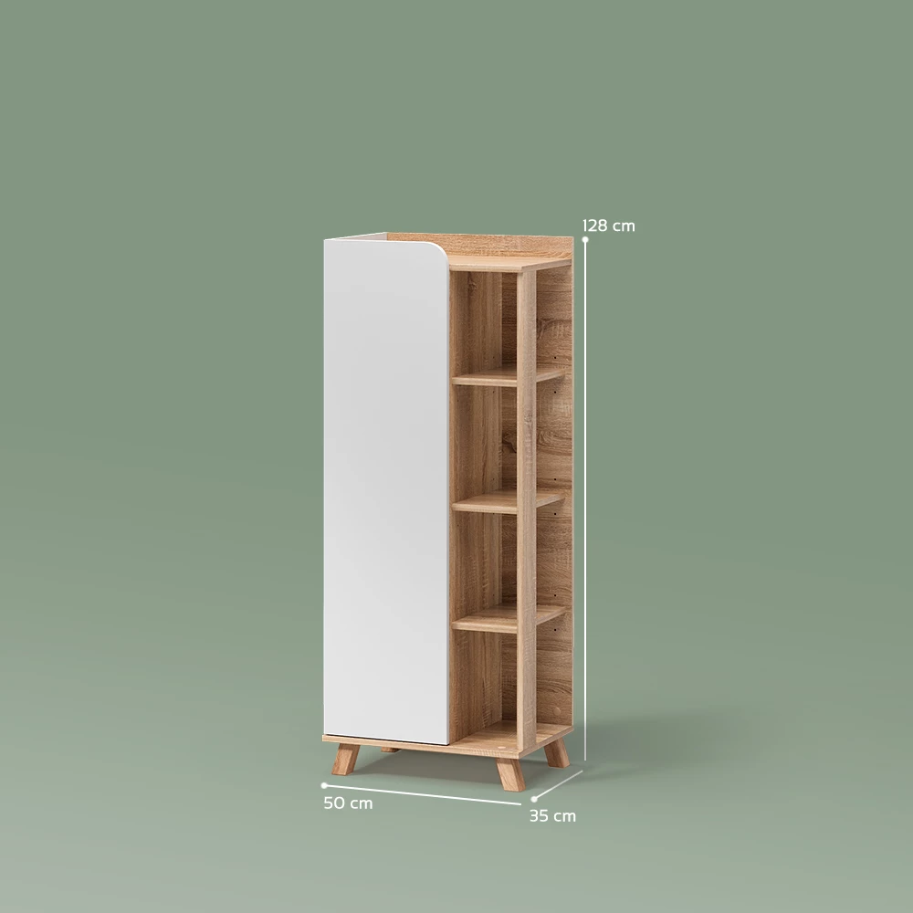 Midischrank in Sonoma/Weiß auf weißem Hintergrund mit sichtbaren Maßen