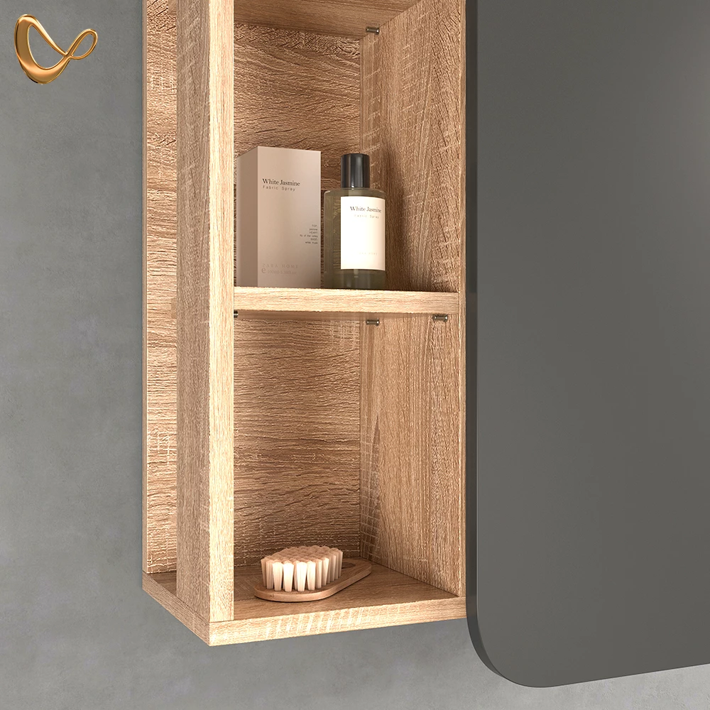 Nahaufnahme von Badschrank in Anthrazit, zeigt Design- und Oberflächendetails