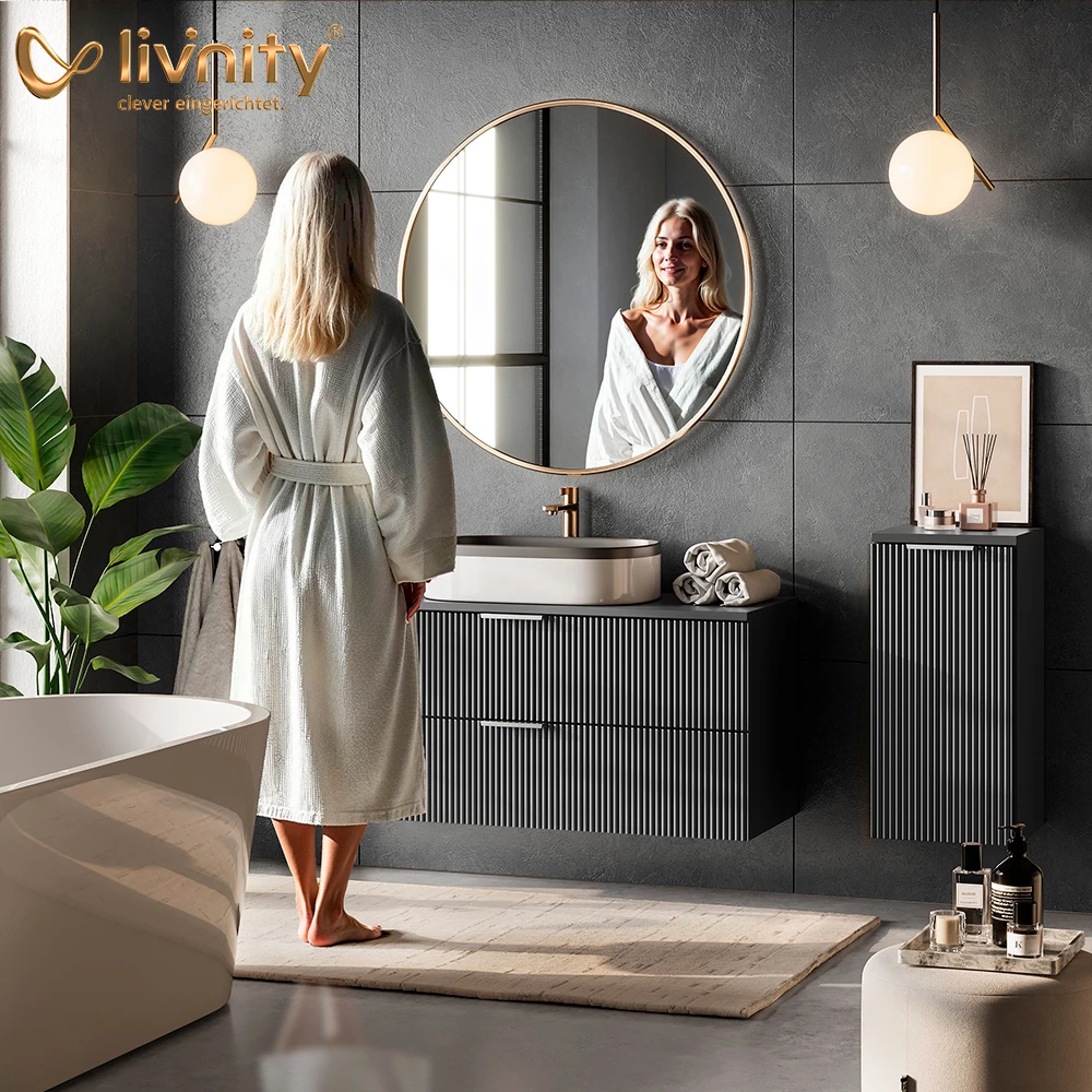 livinity® Badmöbel-Set Anthrazit gepunktet 3 Teile, mit Schubladenschrank und Midischrank, Ronco