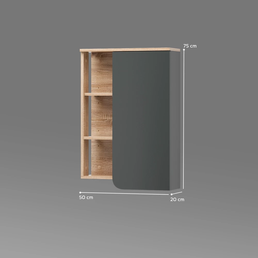Badschrank in Anthrazit auf weißem Hintergrund mit sichtbaren Maßen