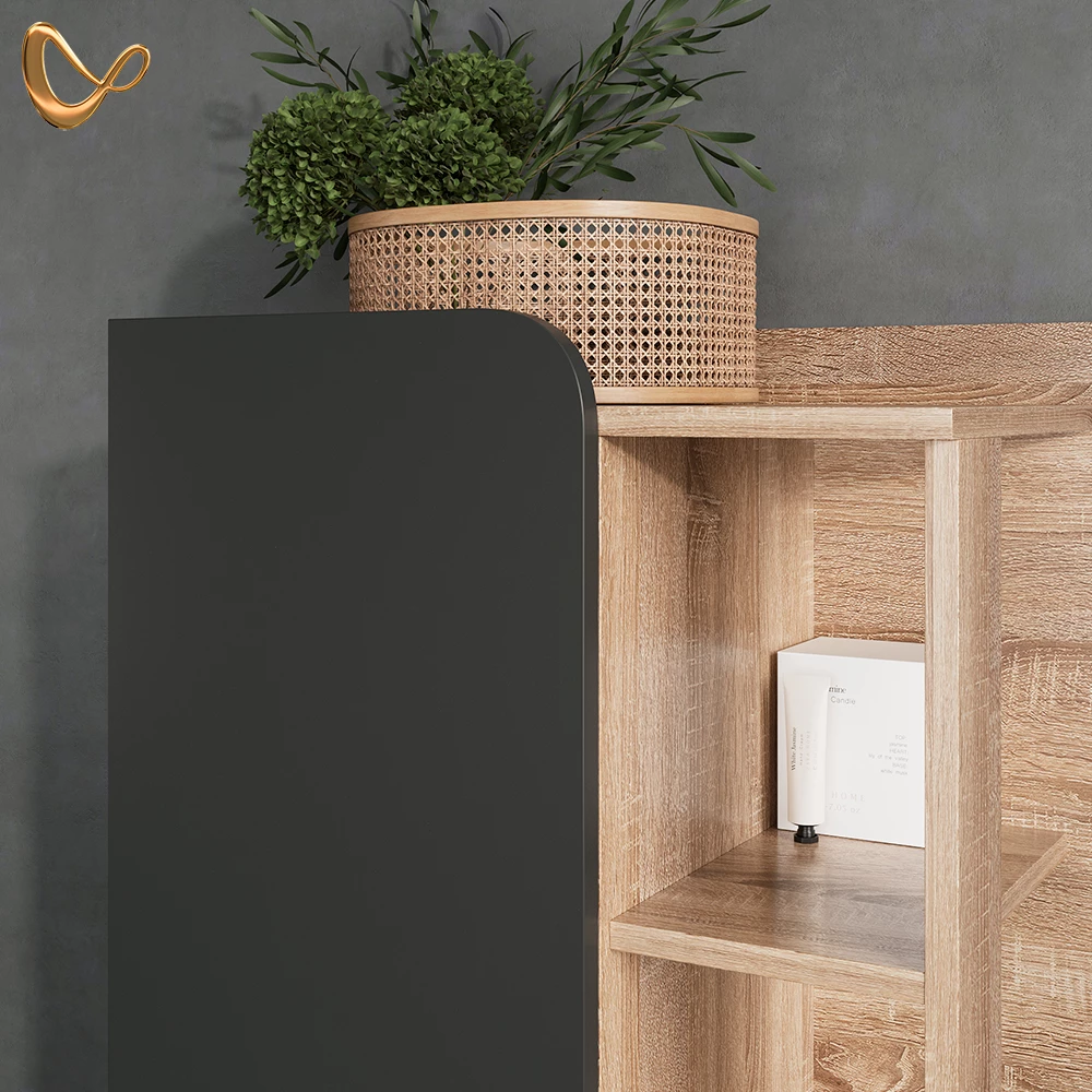 Nahaufnahme von Midischrank in Anthrazit, zeigt Design- und Oberflächendetails