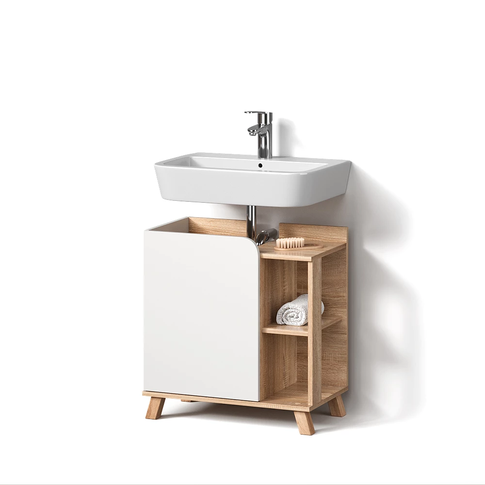 Waschbeckenunterschrank in Sonoma/Weiß auf weißem Hintergrund