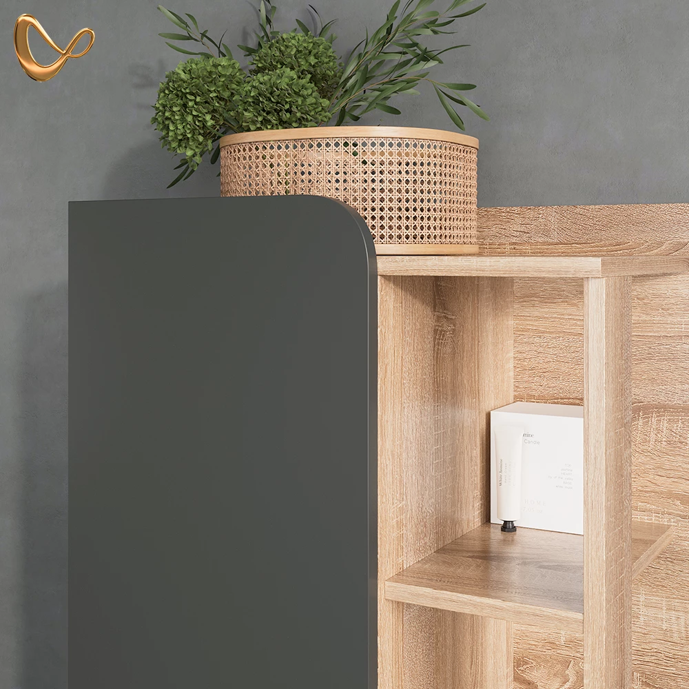 Nahaufnahme von Badmöbel-Set in Anthrazit, zeigt Design- und Oberflächendetails