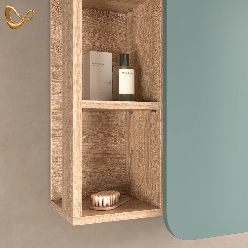 Nahaufnahme von Badschrank in Blau-Grau, zeigt Design- und Oberflächendetails