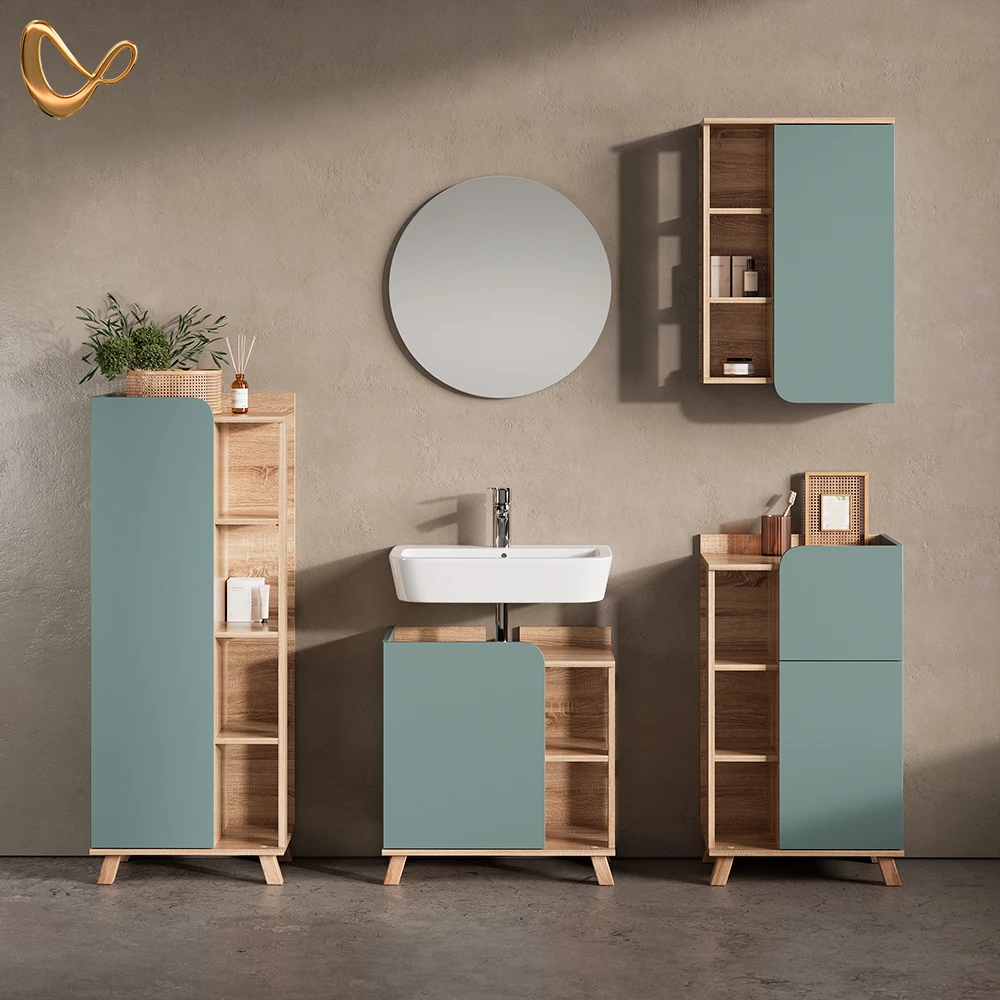 Badmöbel-Set in Blau-Grau, dargestellt im Ambiente und auf weißem Hintergrund