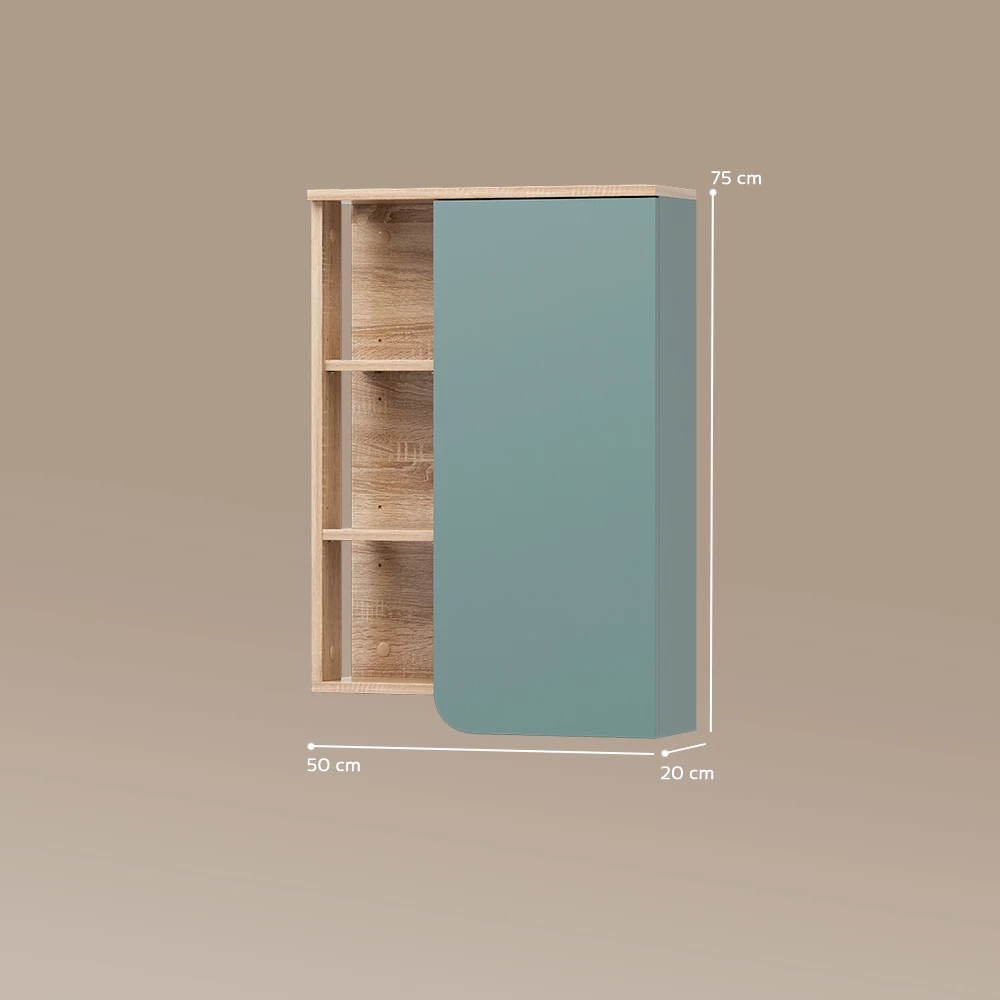 Badschrank in Blau-Grau auf weißem Hintergrund mit sichtbaren Maßen
