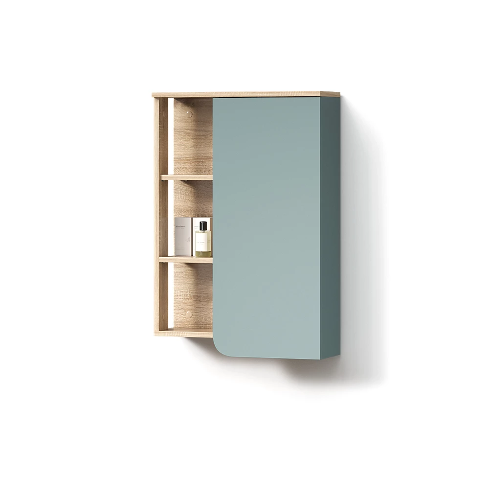 Badschrank in Blau-Grau auf weißem Hintergrund