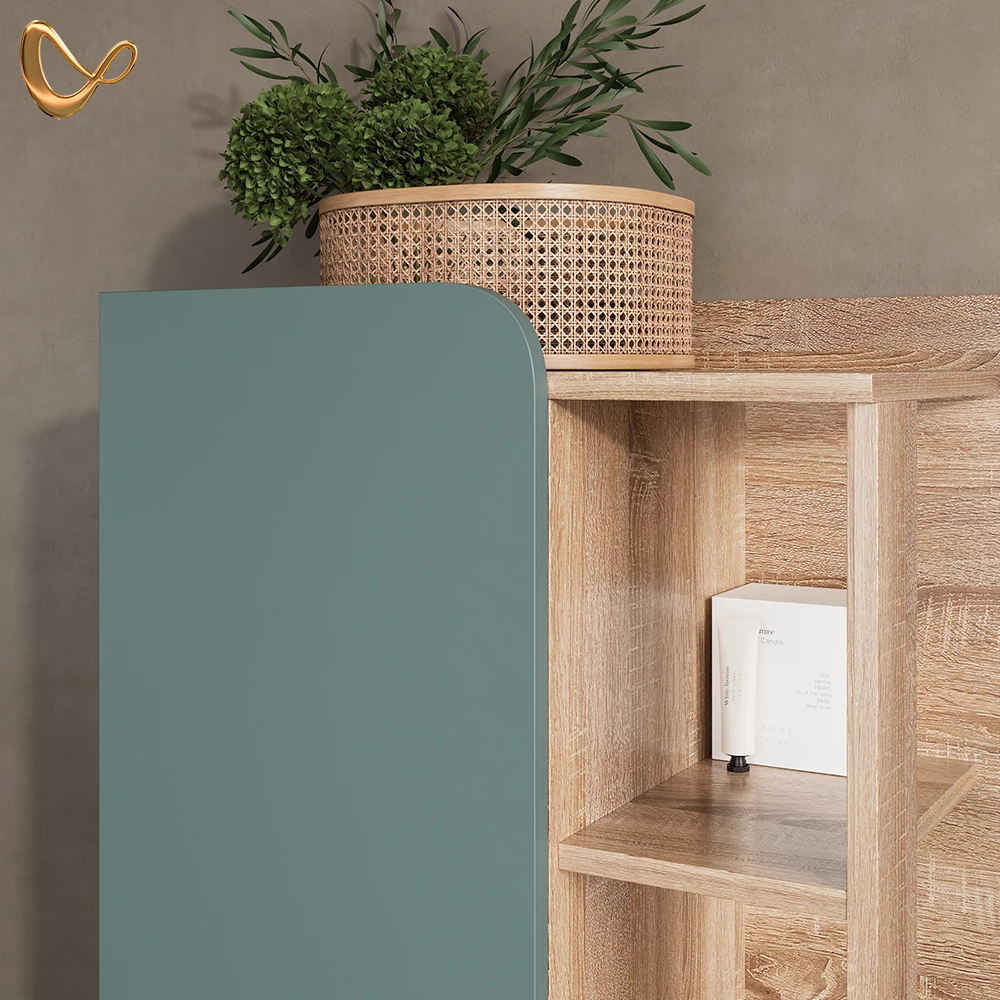 Nahaufnahme von Midischrank in Blau-Grau, zeigt Design- und Oberflächendetails