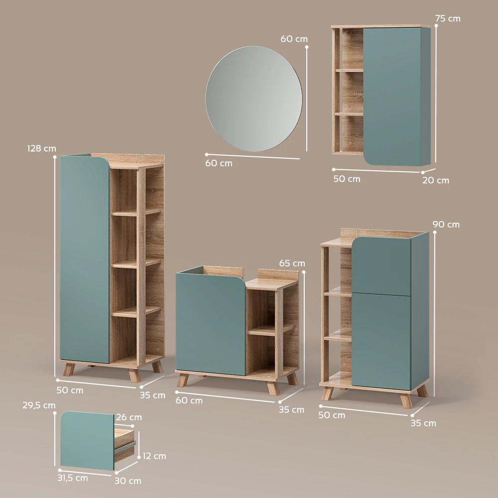 Badmöbel-Set in Blau-Grau auf weißem Hintergrund mit sichtbaren Maßen