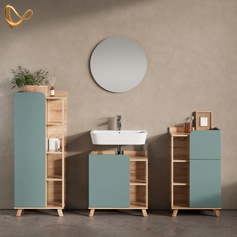 Badmöbel-Set in Blau-Grau, dargestellt im Ambiente und auf weißem Hintergrund