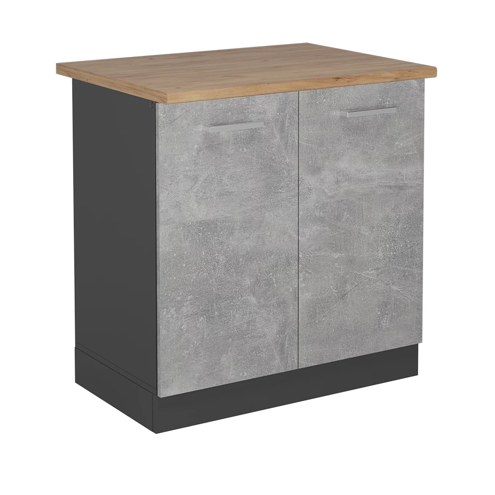Meuble Bas Sous évier Fame-Line 80 Cm - Façade Noir Rayé, Plan De Travail Chêne, Avec étagère - Pour Cuisine