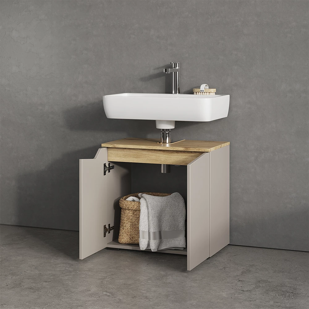 Waschbeckenunterschrank in Greige auf weißem Hintergrund mit dekorativen Elementen