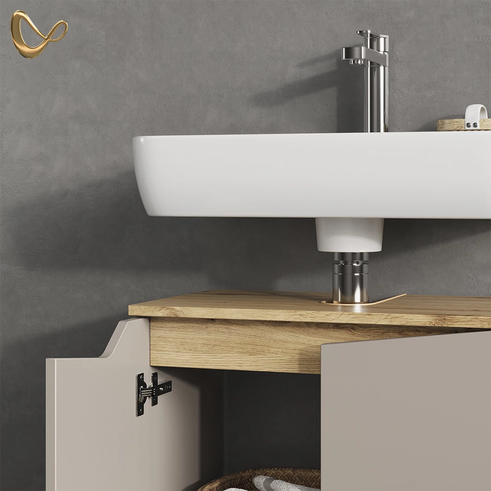 Nahaufnahme von Badmöbel-Set in Greige, zeigt Design- und Oberflächendetails