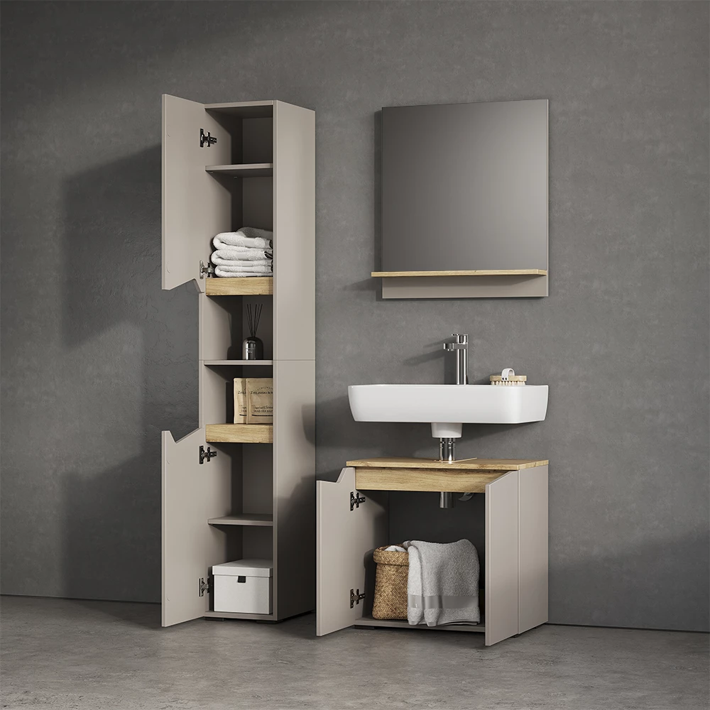 Nahaufnahme von Badmöbel-Kombination in Greige, zeigt Textur/Details