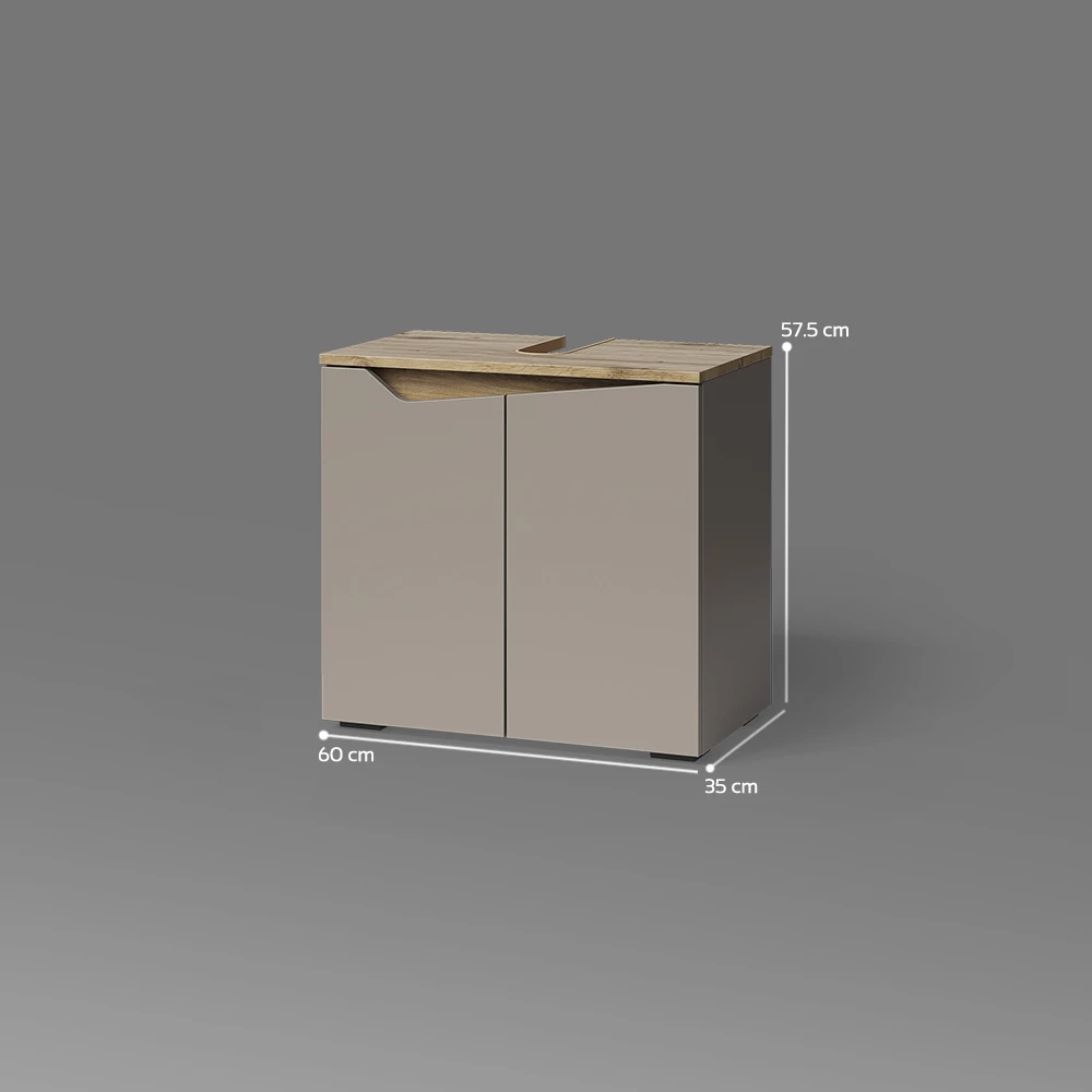 Waschbeckenunterschrank in Greige auf weißem Hintergrund mit sichtbaren Maßen