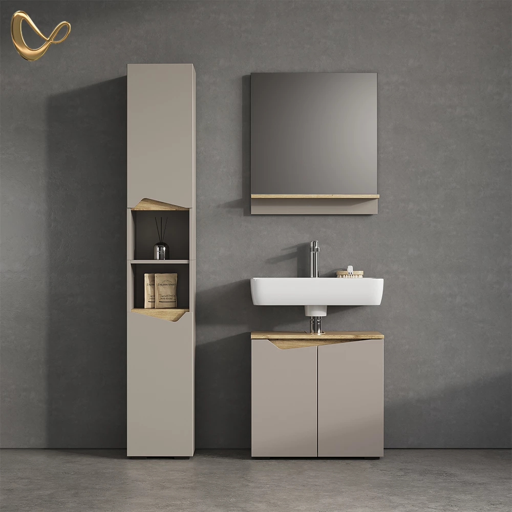 Badmöbel-Kombination in Greige, dargestellt im Ambiente und auf weißem Hintergrund