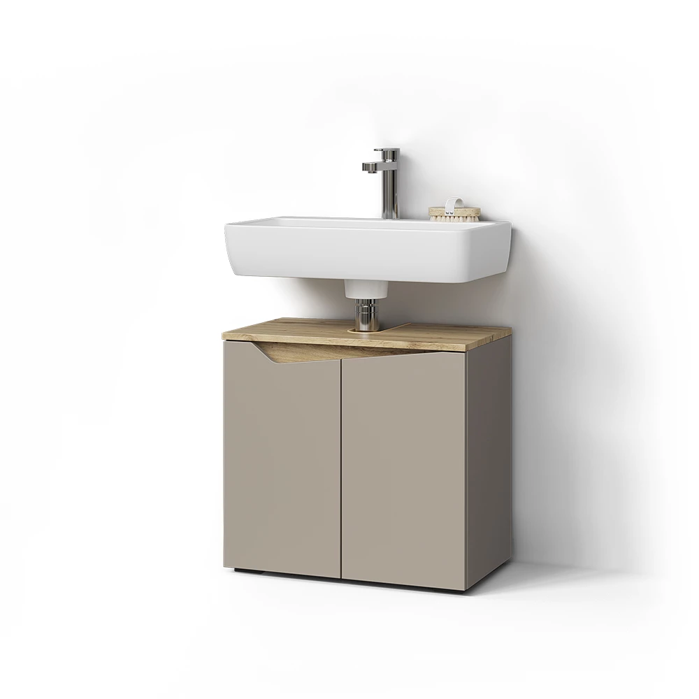Waschbeckenunterschrank in Greige auf weißem Hintergrund