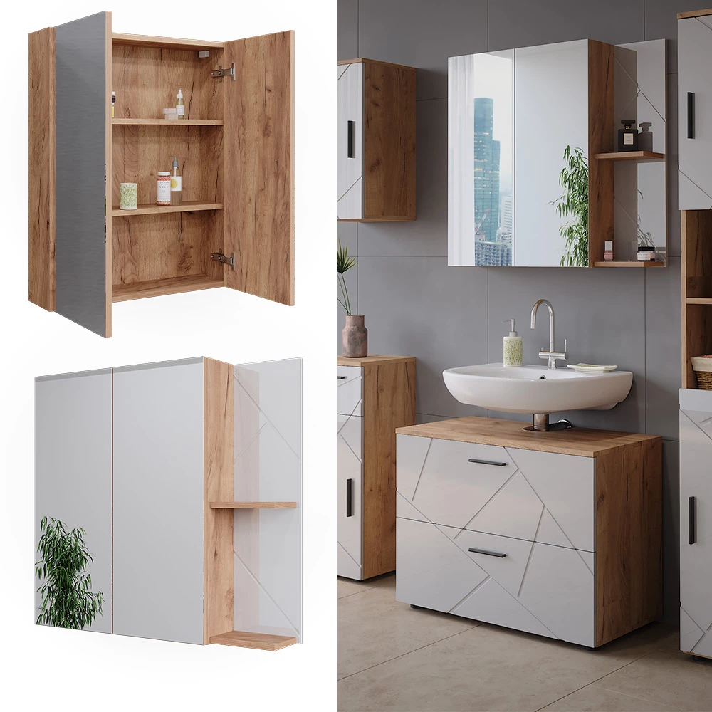 Vicco Badspiegelschrank Goldkraft Eiche/Weiß Hochglanz 80x75 cm, Irma