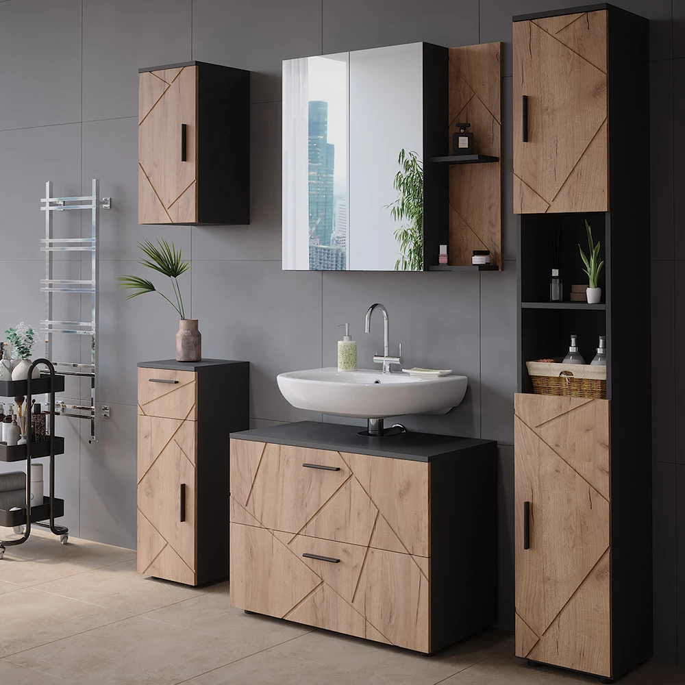 Vicco Badspiegelschrank Anthrazit/Goldkraft Eiche 80 x 75 cm, Irma