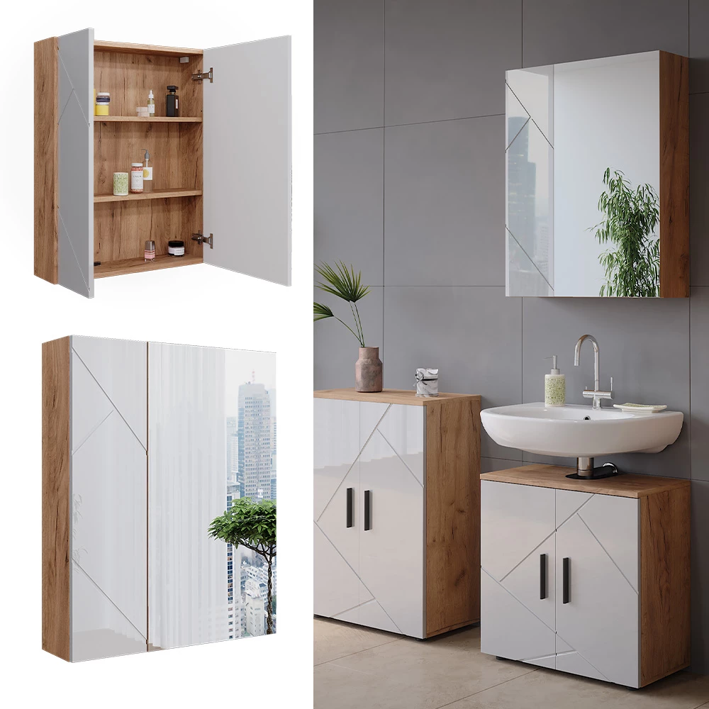 Vicco Badspiegelschrank Goldkraft Eiche/Weiß Hochglanz 60x75 cm, Irma