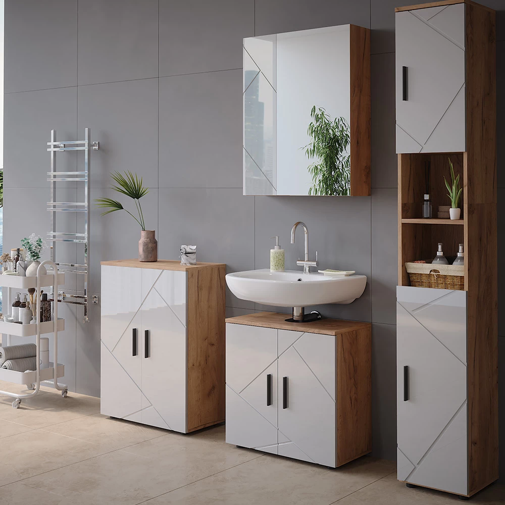 Vicco Mobile a specchio per il bagno Rovere Goldkraft/bianco lucido 60 x 75 cm, Irma