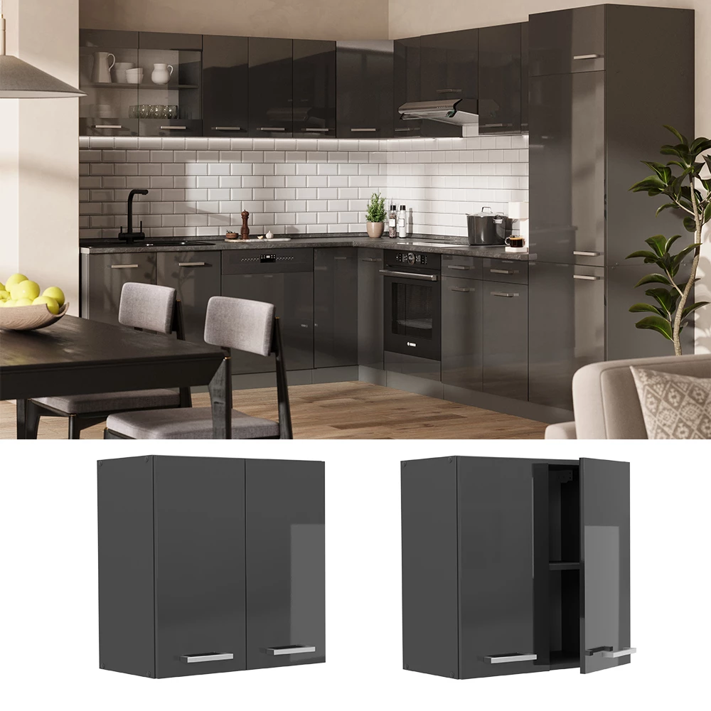 Armario colgante en Antracita alto brillo, mostrado en un entorno ambiental y sobre fondo blanco