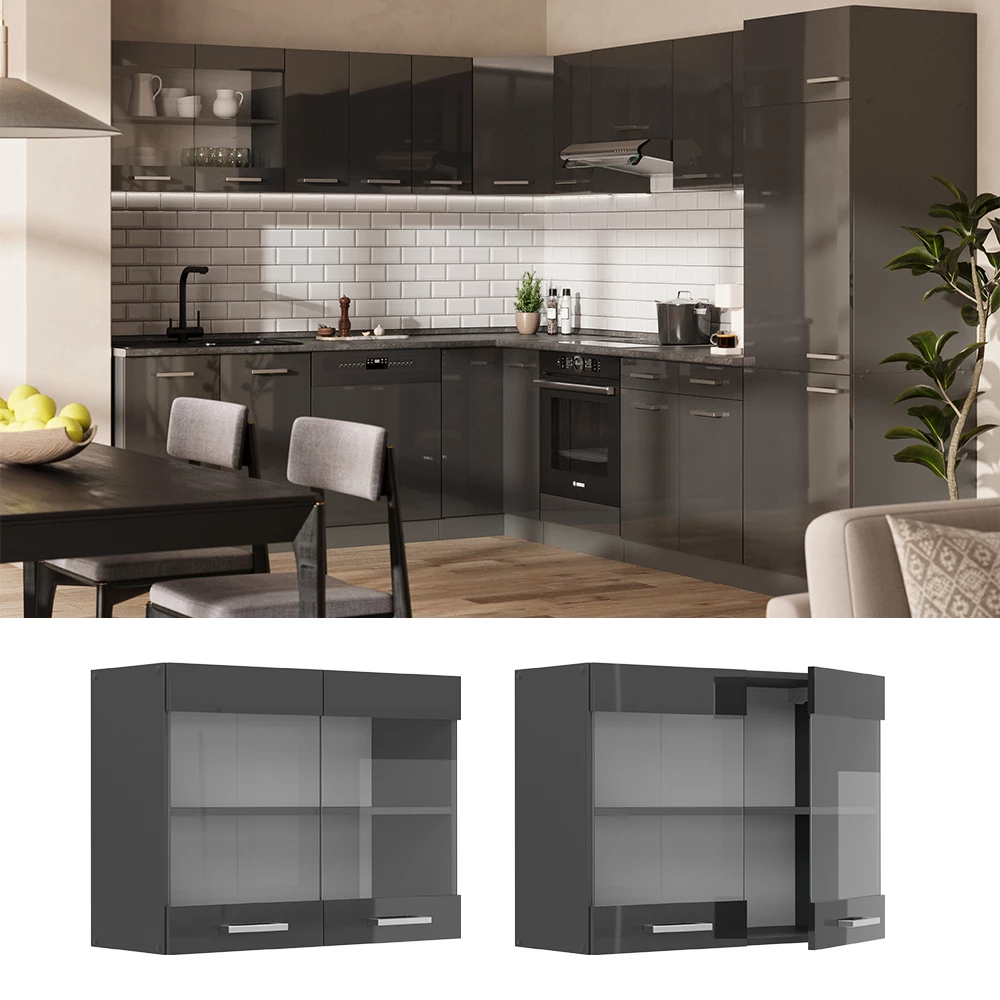 Küchenglashängeschrank in Anthrazit Hochglanz, dargestellt im Ambiente und auf weißem Hintergrund