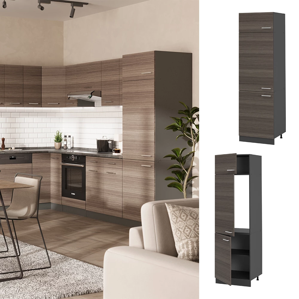 Armoire pour frigo en Gris noble, présenté dans un décor ambiant et sur fond blanc