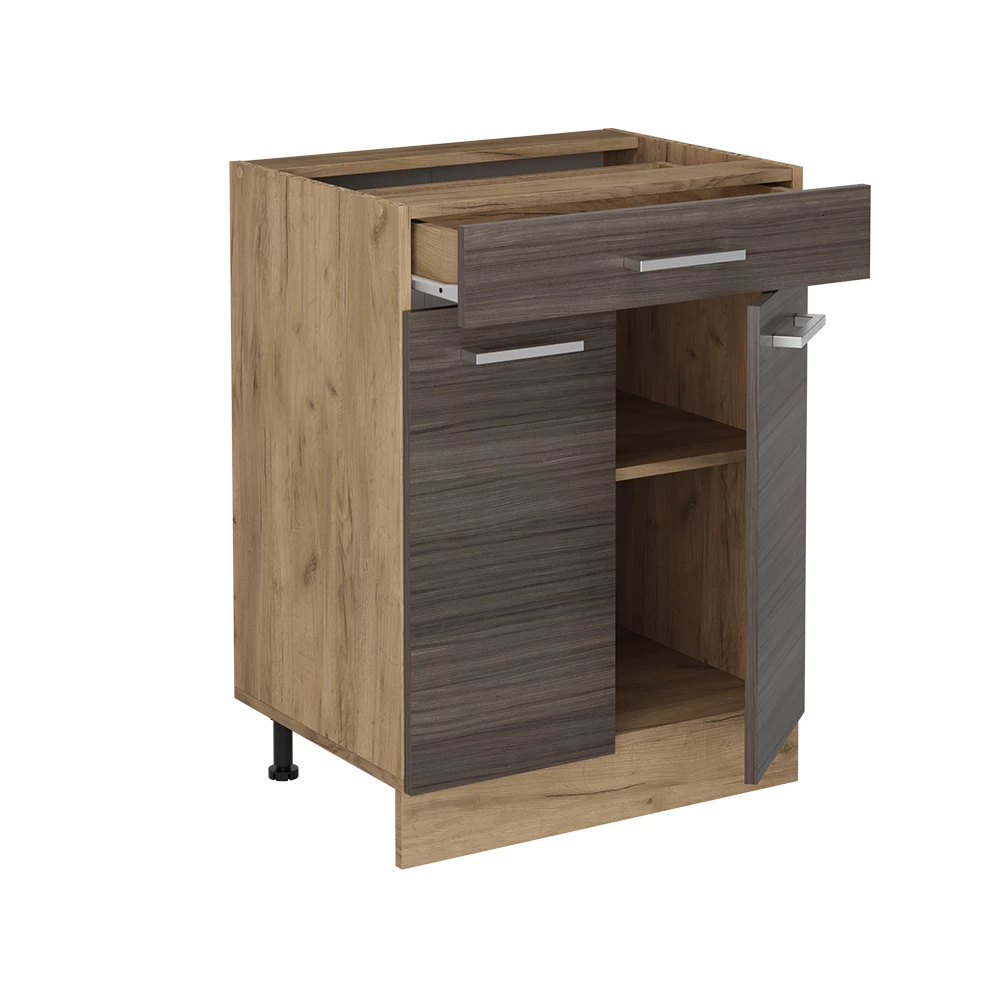 Meuble cuisine en Gris noble sur fond blanc avec des éléments décoratifs