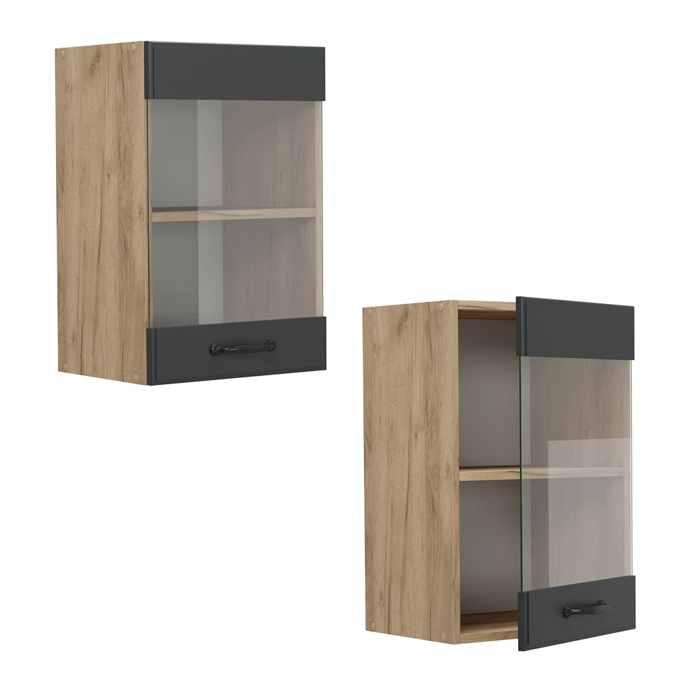 Glazen keukenkast R-Line Antraciet landelijk/Goudkleurig Eiken 40 cm Vicco