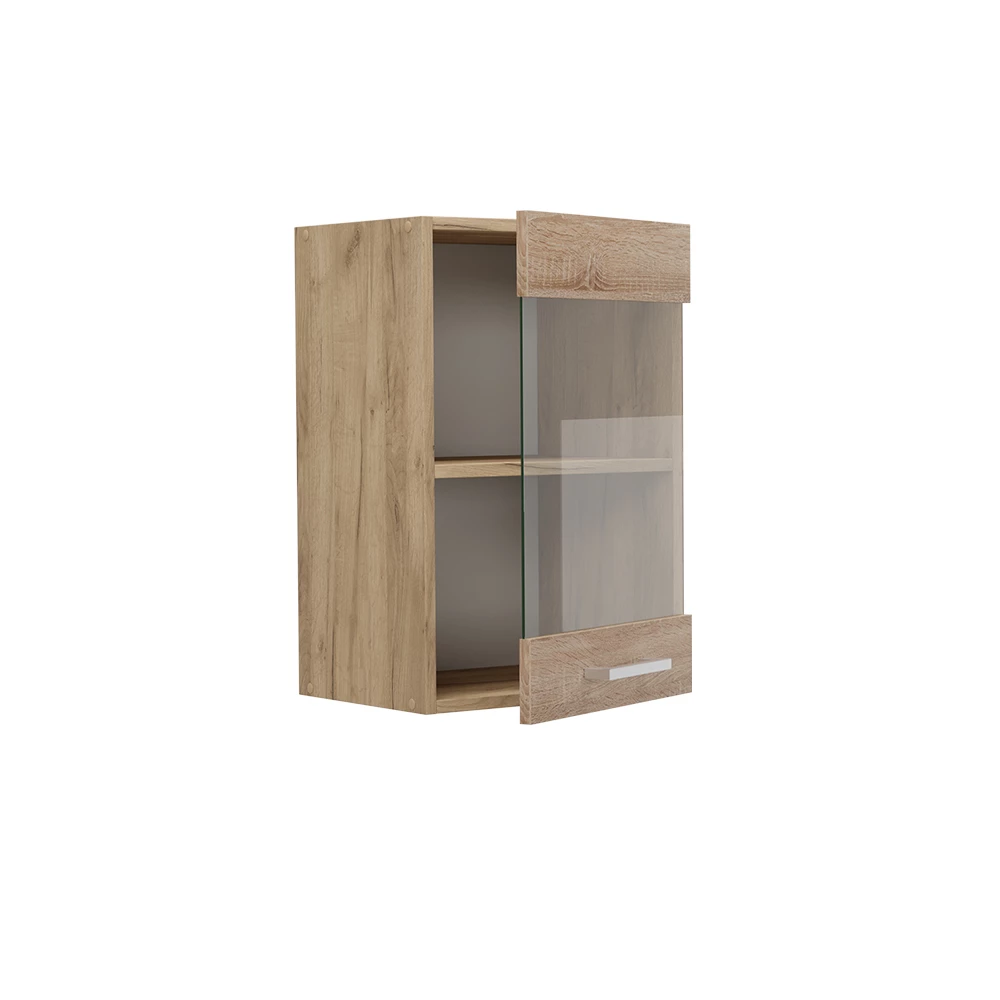 Armoire en verre en Sonoma sur fond blanc avec des éléments décoratifs