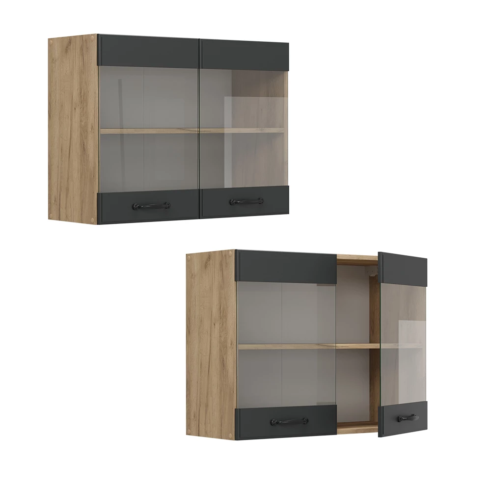 Glazen keukenkast R-Line Antraciet landelijk/Goudkleurig Eiken 80 cm Vicco
