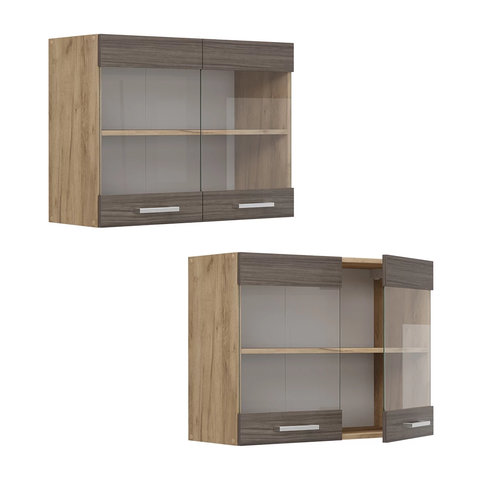 Glazen keukenkast R-Line Edel grijs/Goudkleurig Eiken 80 cm Vicco