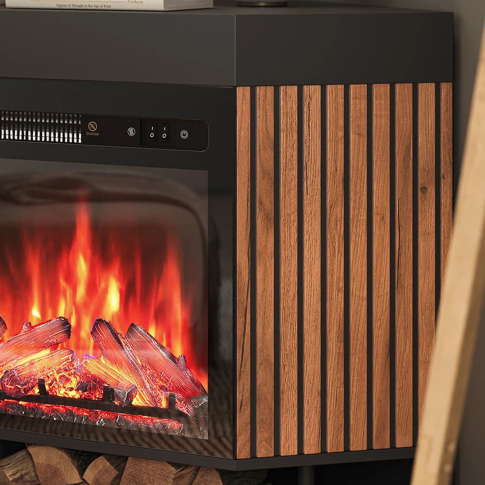 Nahaufnahme von Elektrokamin in Schwarz, zeigt Textur/Details