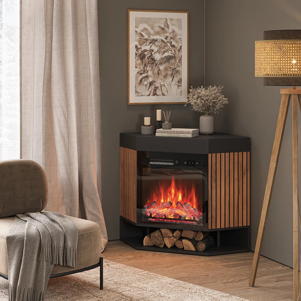 Elektrokamin in Schwarz, dargestellt im Ambiente mit Dekoration