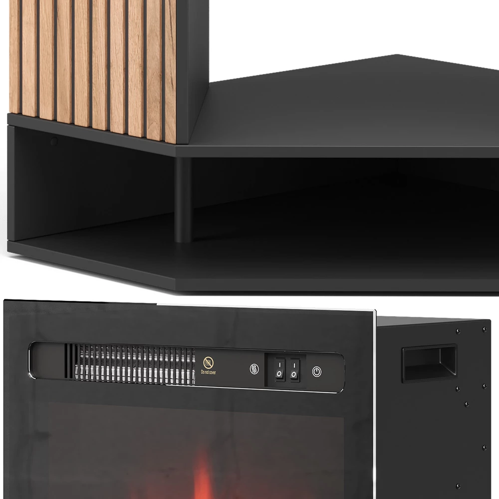 Nahaufnahme von Elektrokamin in Schwarz, zeigt Design- und Oberflächendetails