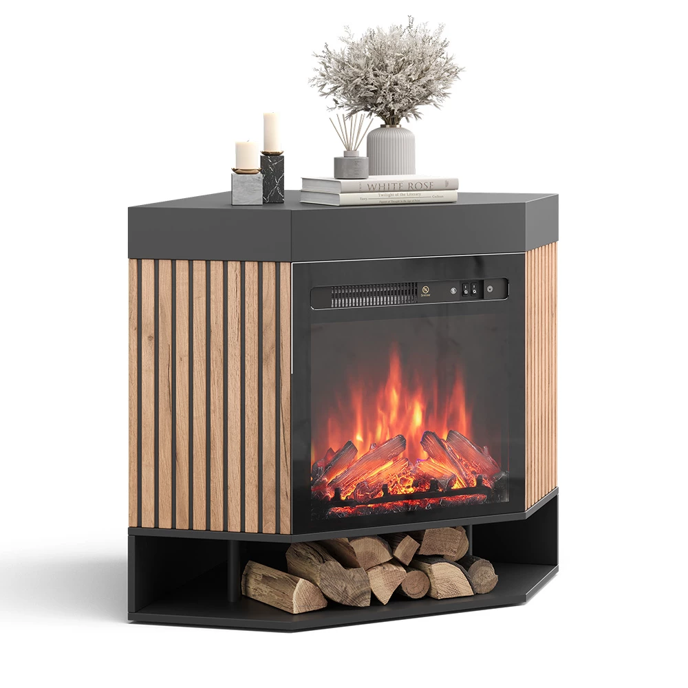 Elektrokamin in Schwarz auf weißem Hintergrund mit dekorativen Elementen