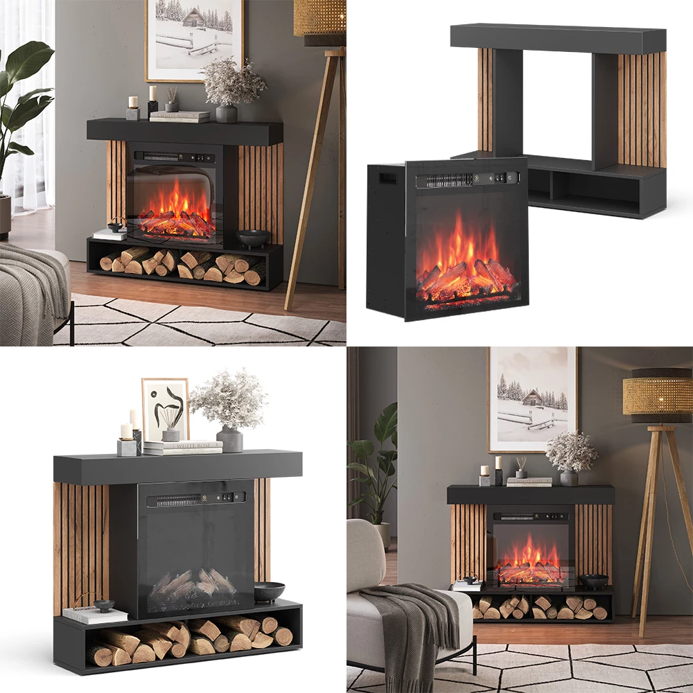 Vicco Elektrokamin Schwarz 100 cm mit realistischem Flammeneffekt und Heizung 1800W, Lynea