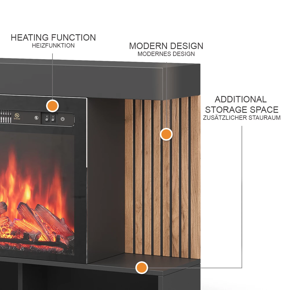 Vicco Elektrokamin Schwarz 100 cm mit realistischem Flammeneffekt und Heizung 1800W, Lynea