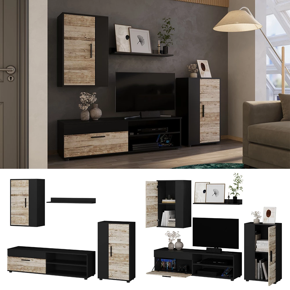 Wohnwand in Anthracite/beige on white background