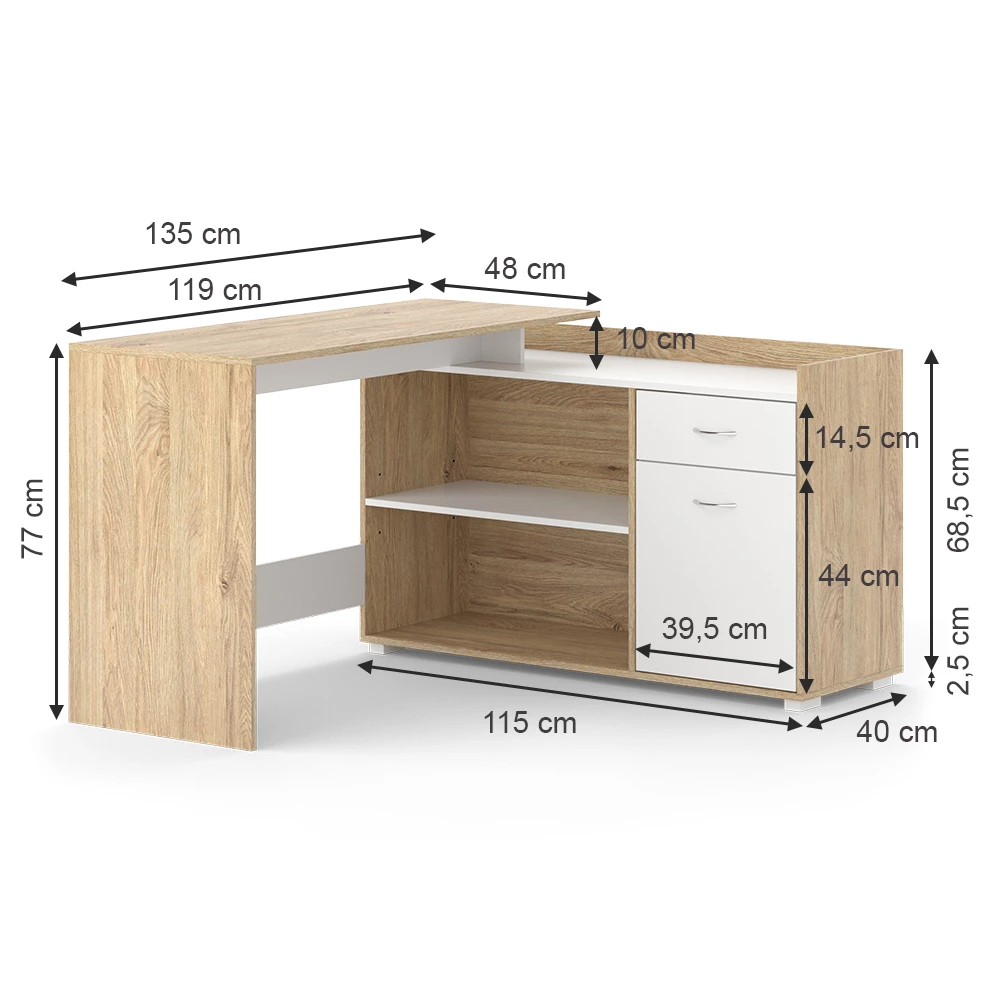 Hoekbureau in Sonoma on white background with visible dimensions