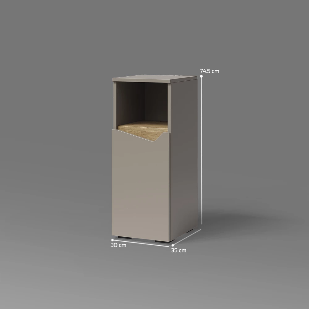 Midischrank in Greige auf weißem Hintergrund mit sichtbaren Maßen