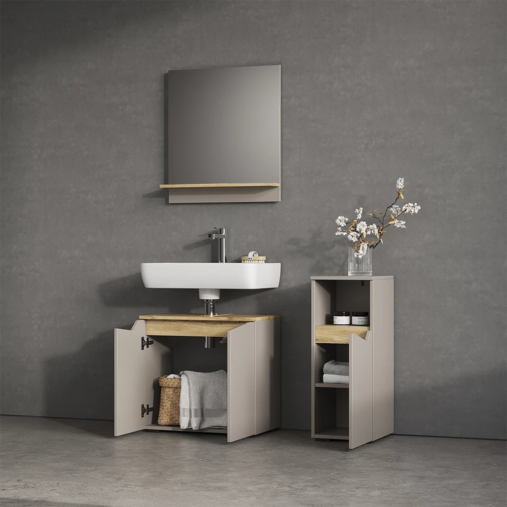 Nahaufnahme von Badmöbel-Kombination in Greige, zeigt Textur/Details