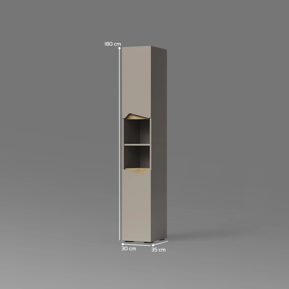 Badschrank in Greige auf weißem Hintergrund mit sichtbaren Maßen