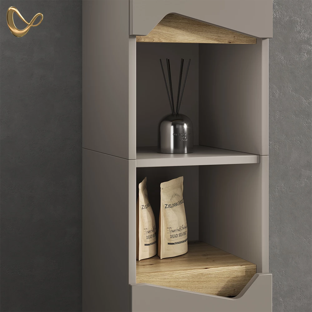 Nahaufnahme von Badmöbel-Kombination in Greige, zeigt Design- und Oberflächendetails