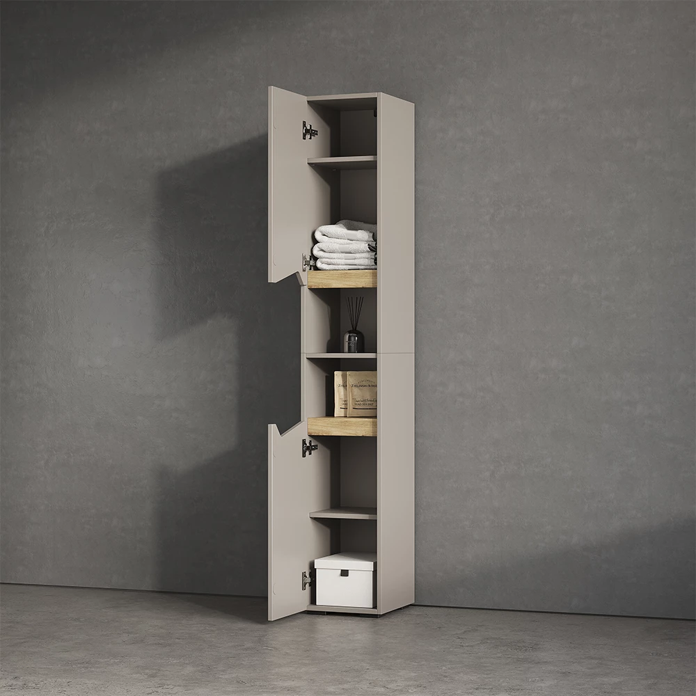 Badschrank in Greige auf weißem Hintergrund mit dekorativen Elementen