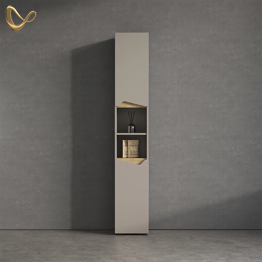 Badschrank Timavo Greige 30 x 180 cm mit Türen, und offenen Fächern livinity®