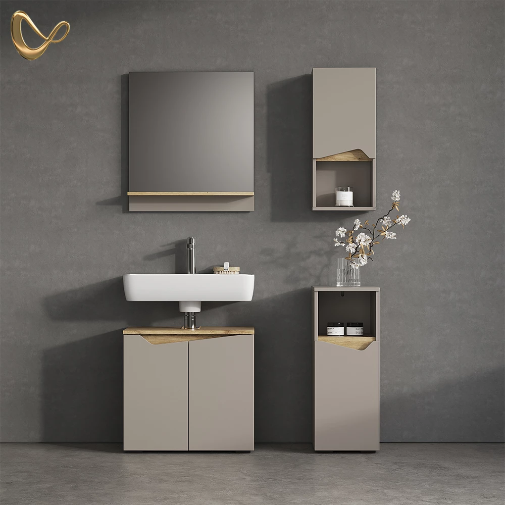 Badmöbel-Kombination in Greige, dargestellt im Ambiente und auf weißem Hintergrund