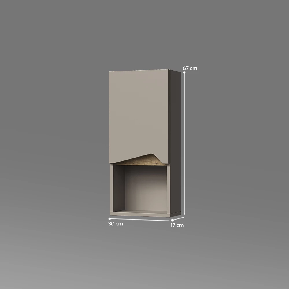 Badschrank in Greige auf weißem Hintergrund mit sichtbaren Maßen