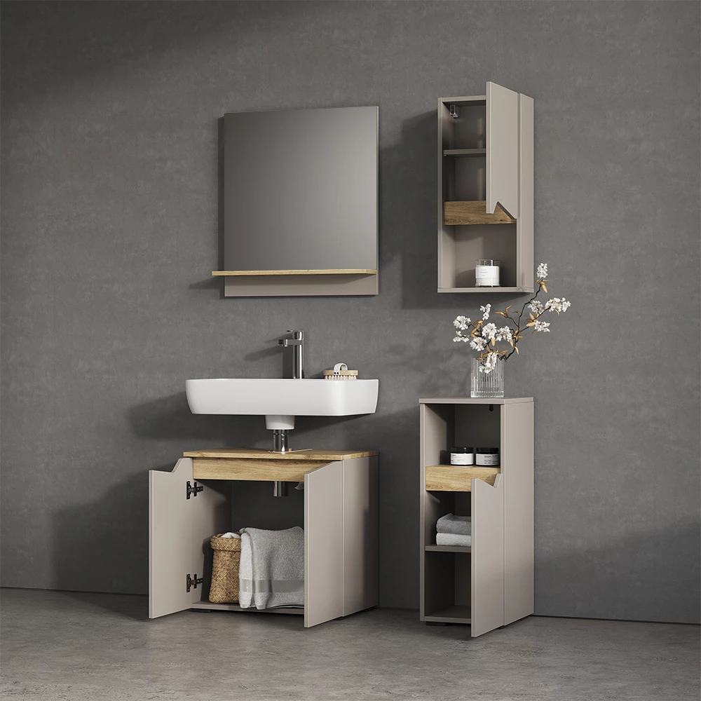 Nahaufnahme von Badmöbel-Kombination in Greige, zeigt Textur/Details